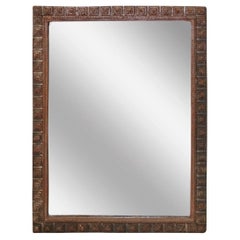 French 1900s Hand Carved Tramp Art Mirror with Raised Pyramidal Motifs