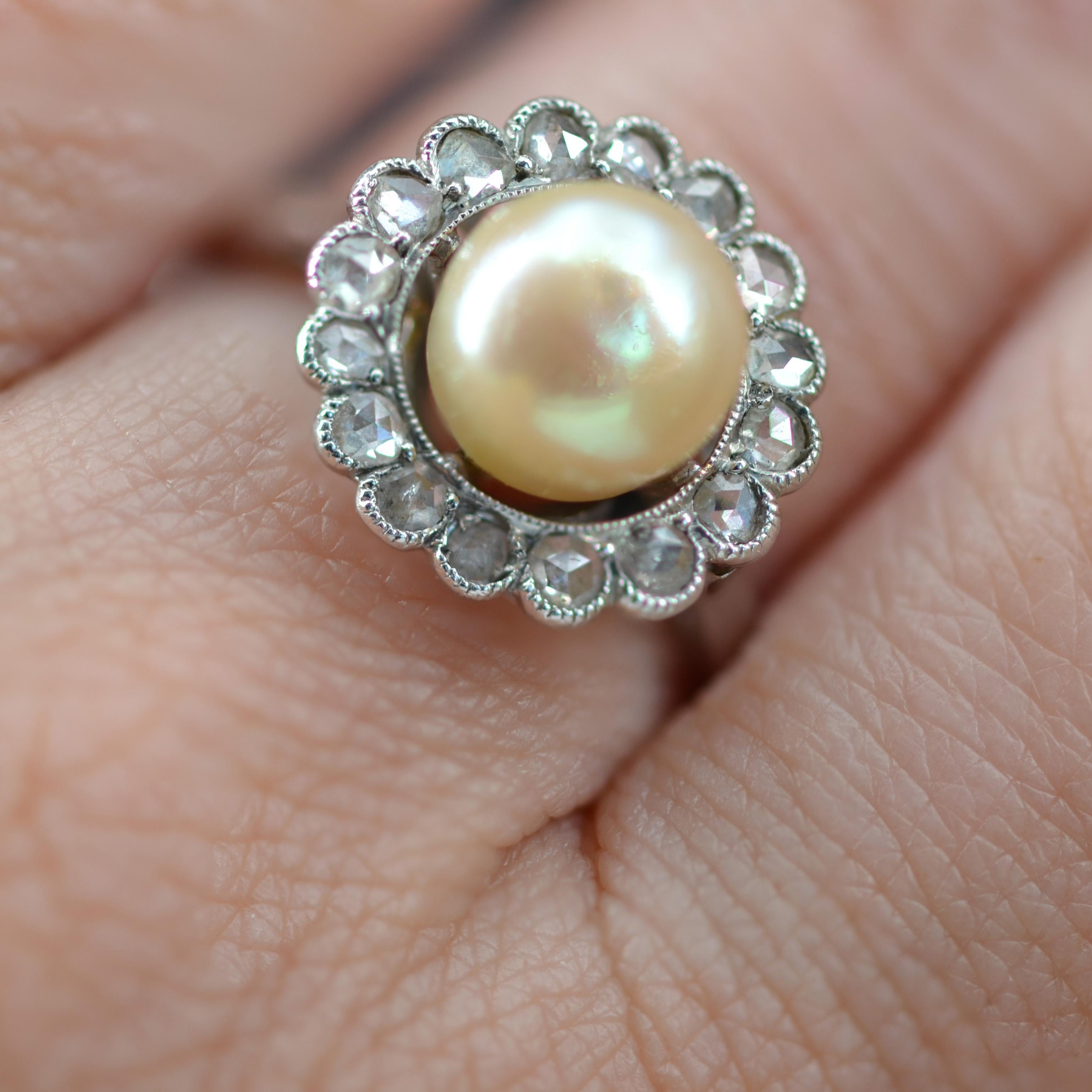 French 1900s Lab Report Natural Gold Pearl Diamonds Platinum Ring For Sale 1