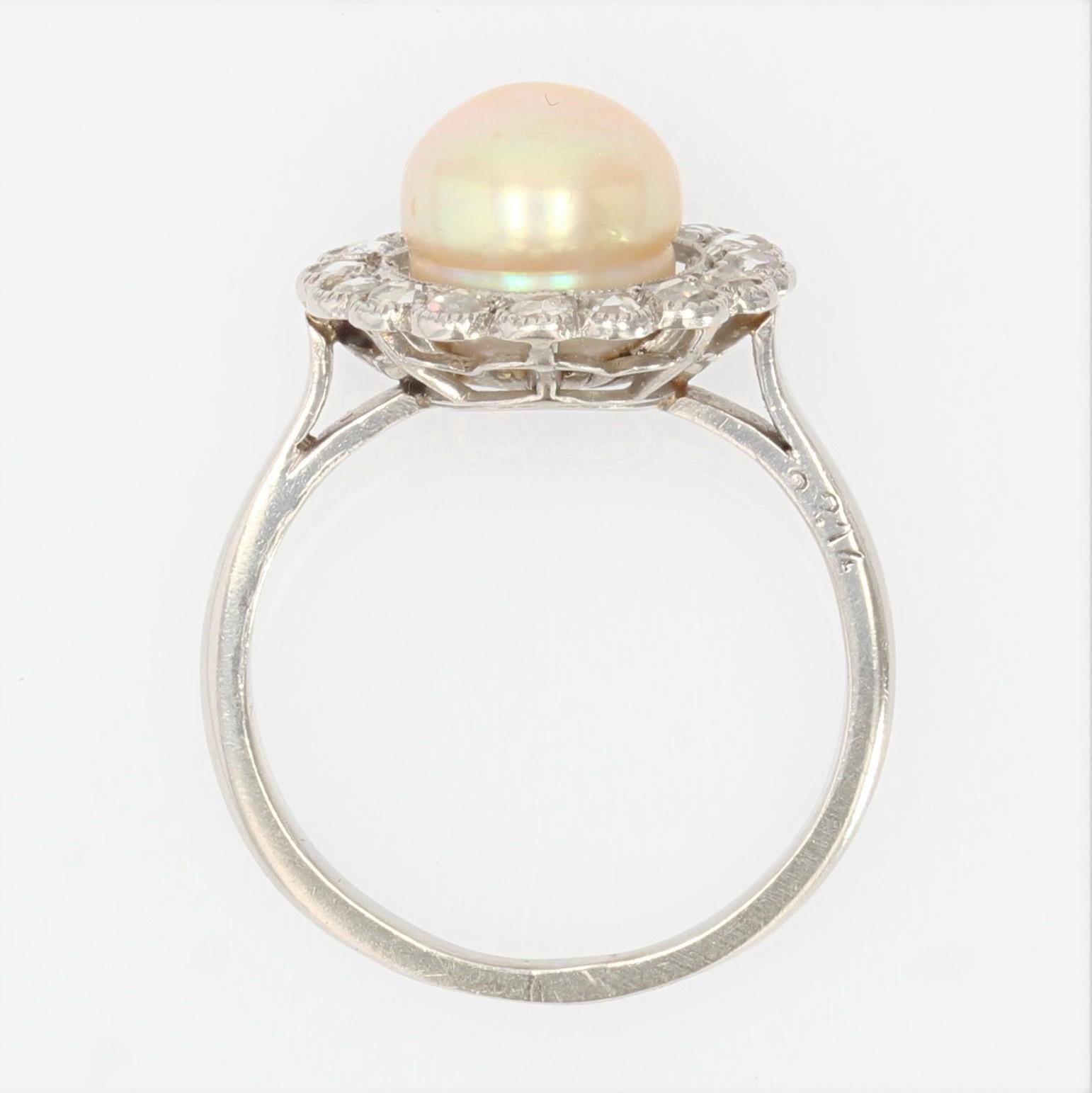 French 1900s Lab Report Natural Gold Pearl Diamonds Platinum Ring For Sale 3