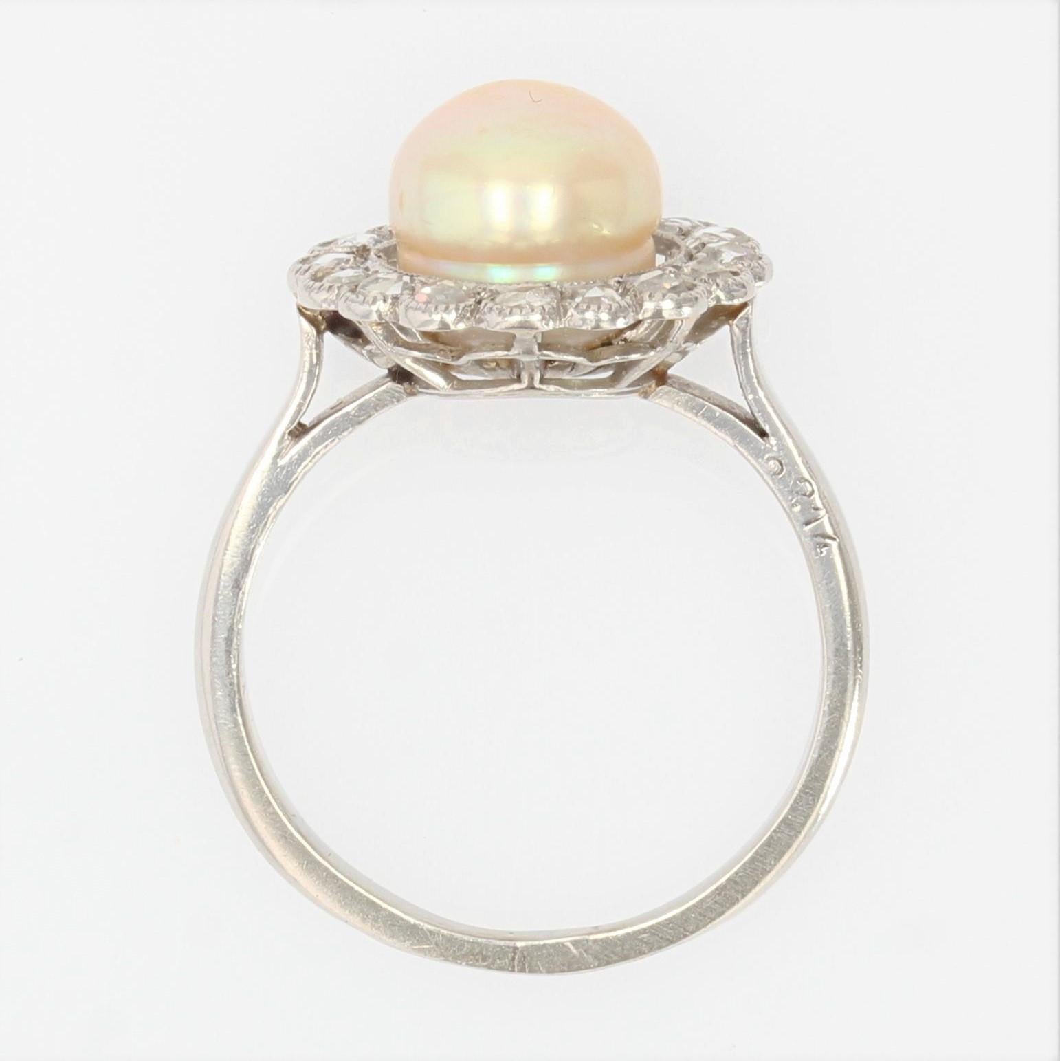 French 1900s Lab Report Natural Gold Pearl Diamonds Platinum Ring For Sale 2