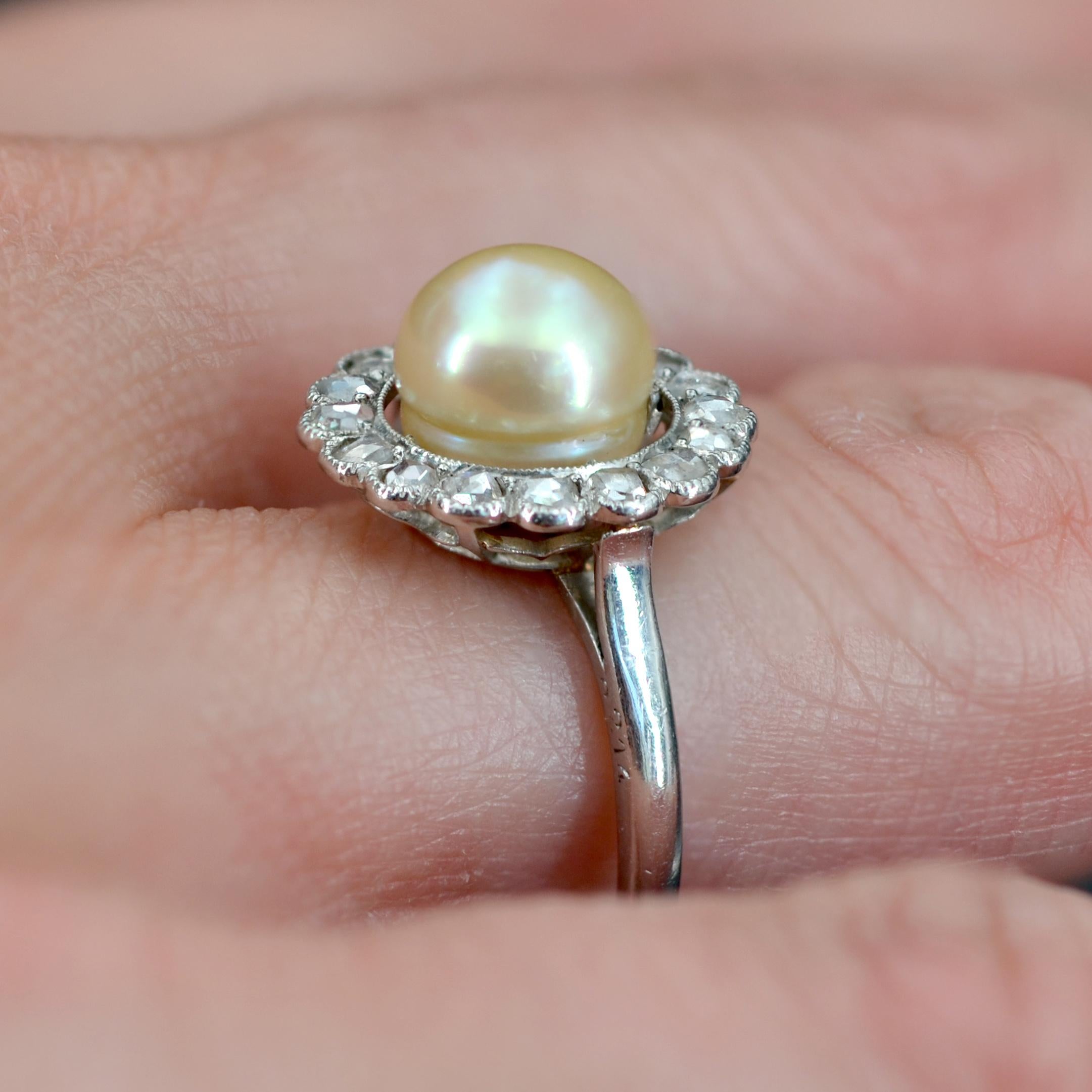 French 1900s Lab Report Natural Gold Pearl Diamonds Platinum Ring For Sale 4