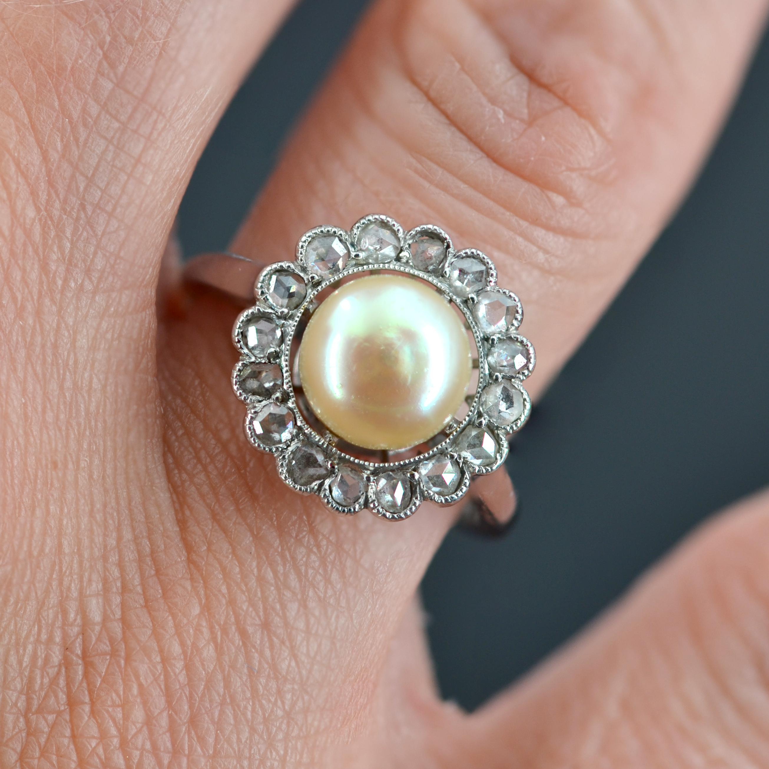 Belle Époque French 1900s Lab Report Natural Gold Pearl Diamonds Platinum Ring For Sale