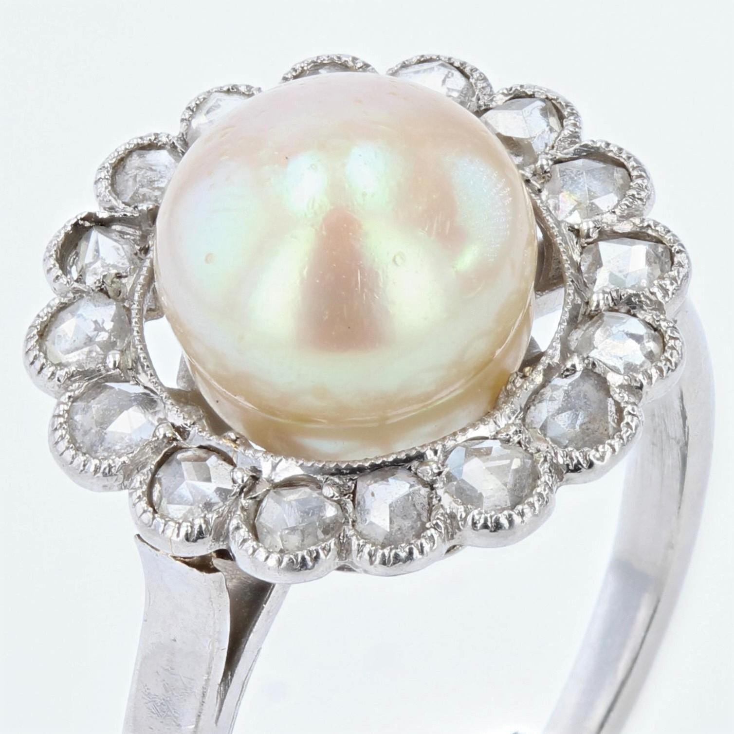 French 1900s Lab Report Natural Gold Pearl Diamonds Platinum Ring In Good Condition For Sale In Poitiers, FR
