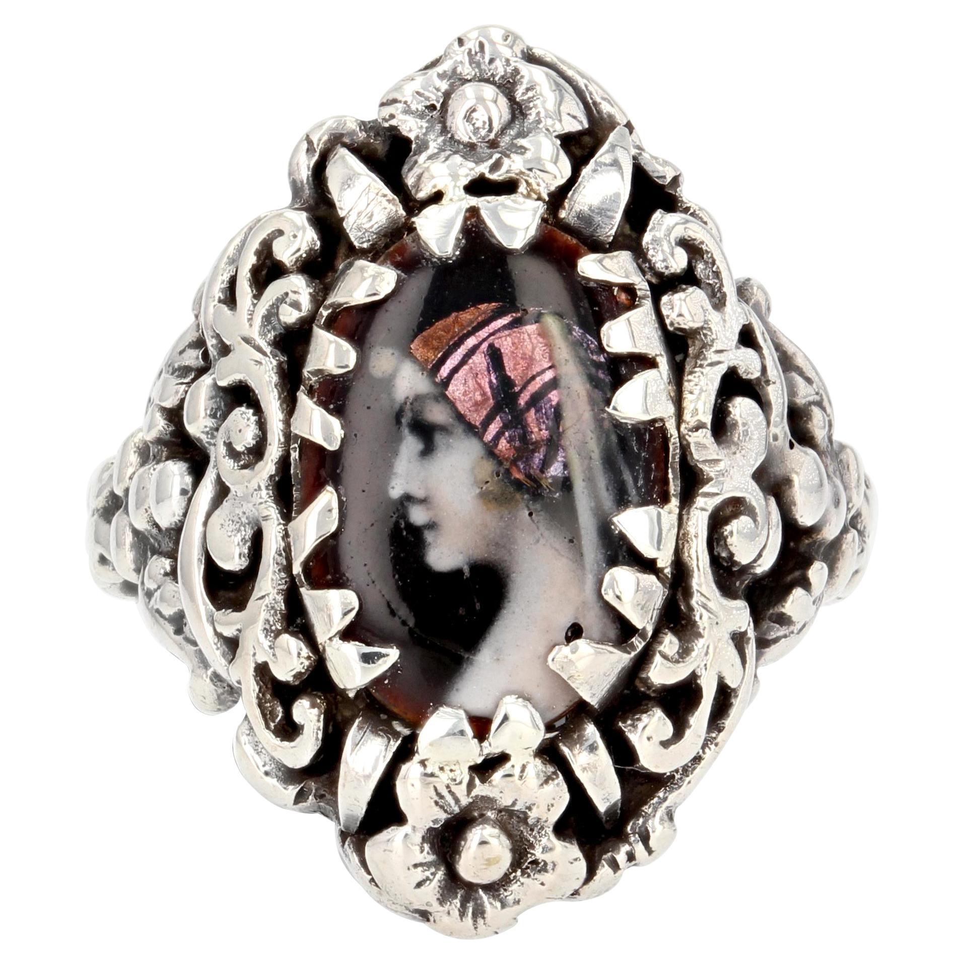 French 1900s Limoges Enamel Silver Ring For Sale