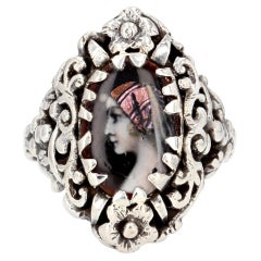 Antique French 1900s Limoges Enamel Silver Ring