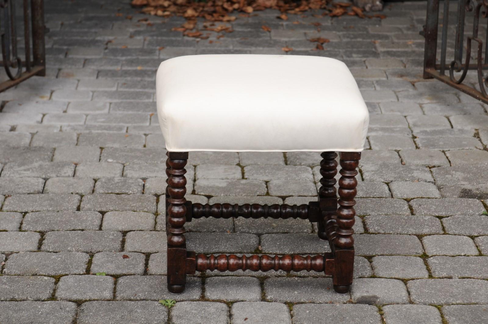 French 1900s Louis XIII Style Oak Stool with Bobbin Legs and New Upholstery 5