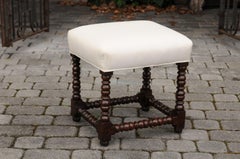 French 1900s Louis XIII Style Oak Stool with Bobbin Legs and New Upholstery