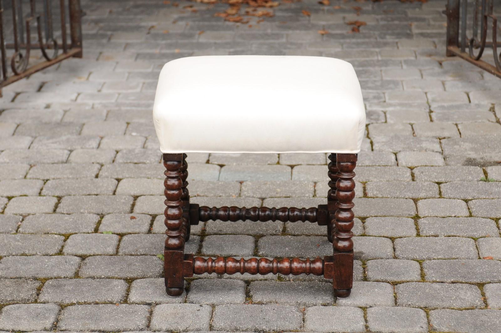 20th Century French 1900s Louis XIII Style Oak Stool with Bobbin Legs and New Upholstery