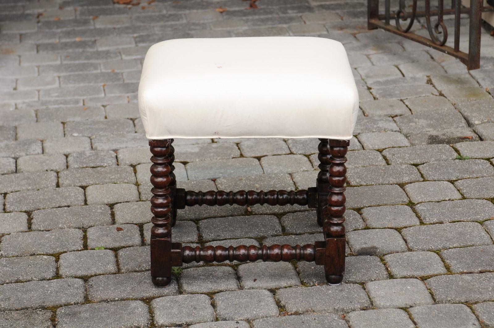 French 1900s Louis XIII Style Oak Stool with Bobbin Legs and New Upholstery 3
