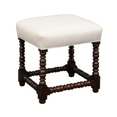 French 1900s Louis XIII Style Oak Stool with Bobbin Legs and New Upholstery