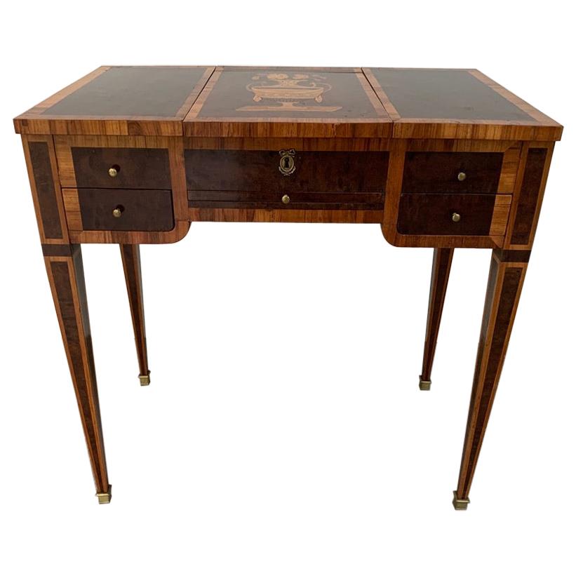 French 1900s Mahogany and Tulipwood Vanity Table with Hinged Top Mirror