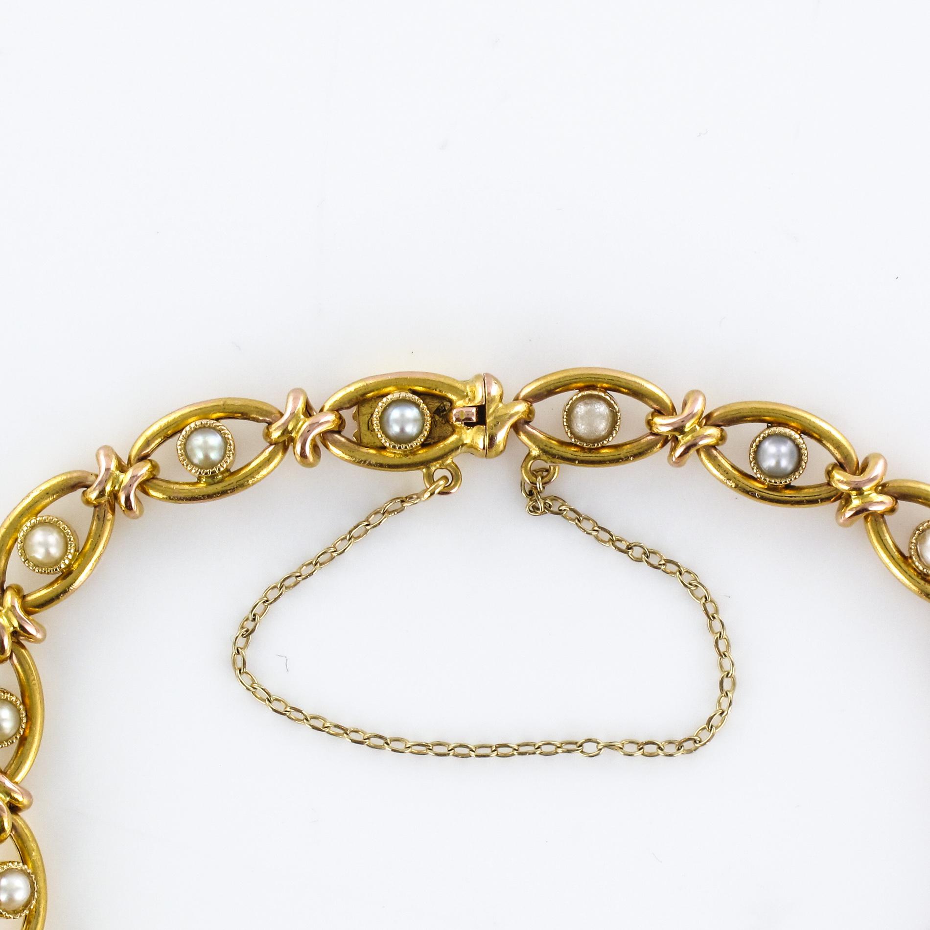 French 1900s Natural Pearl 18 Karat Yellow Gold Bracelet 1