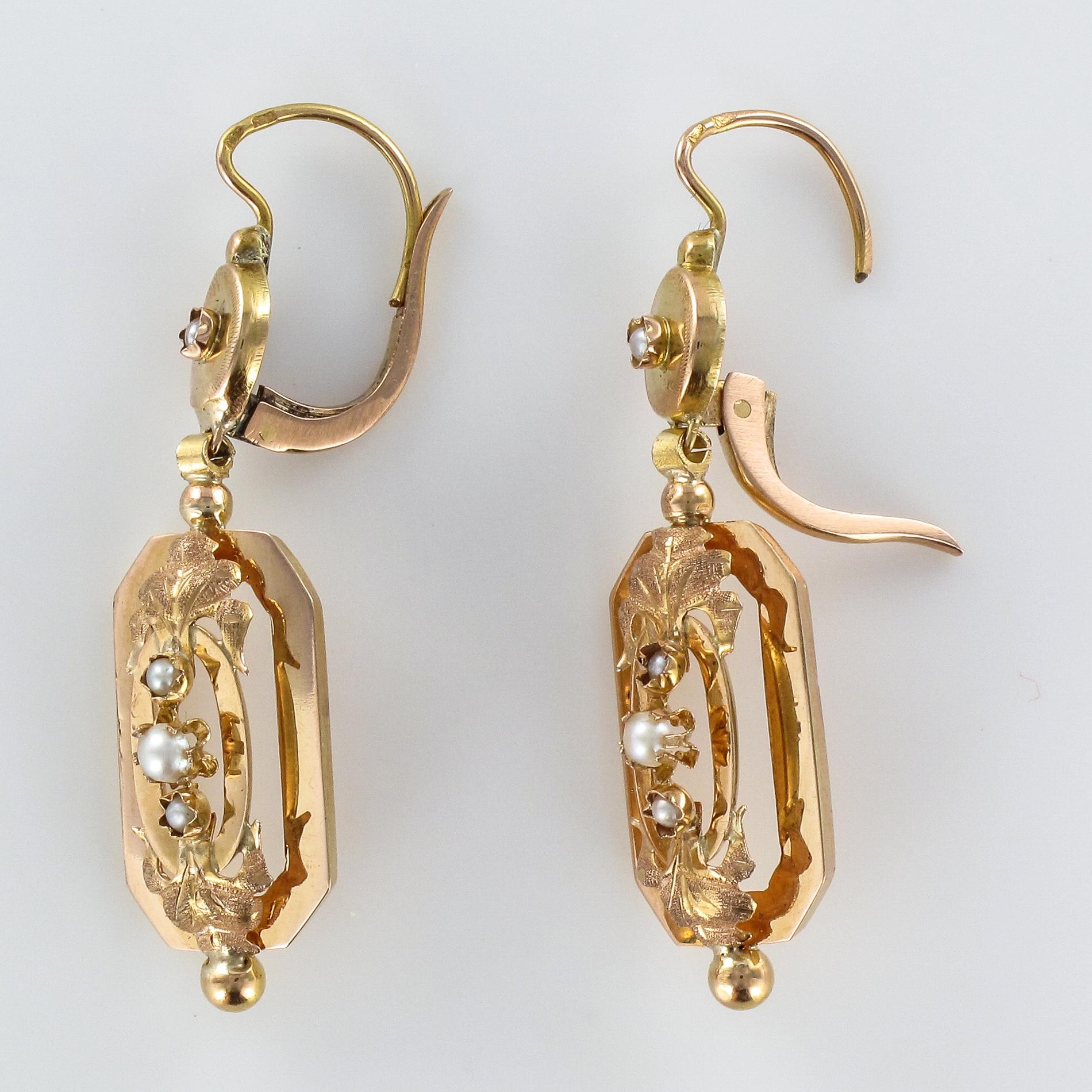 French 1900s Natural Pearls 18 Karat Rose Gold Dangling Earrings 3