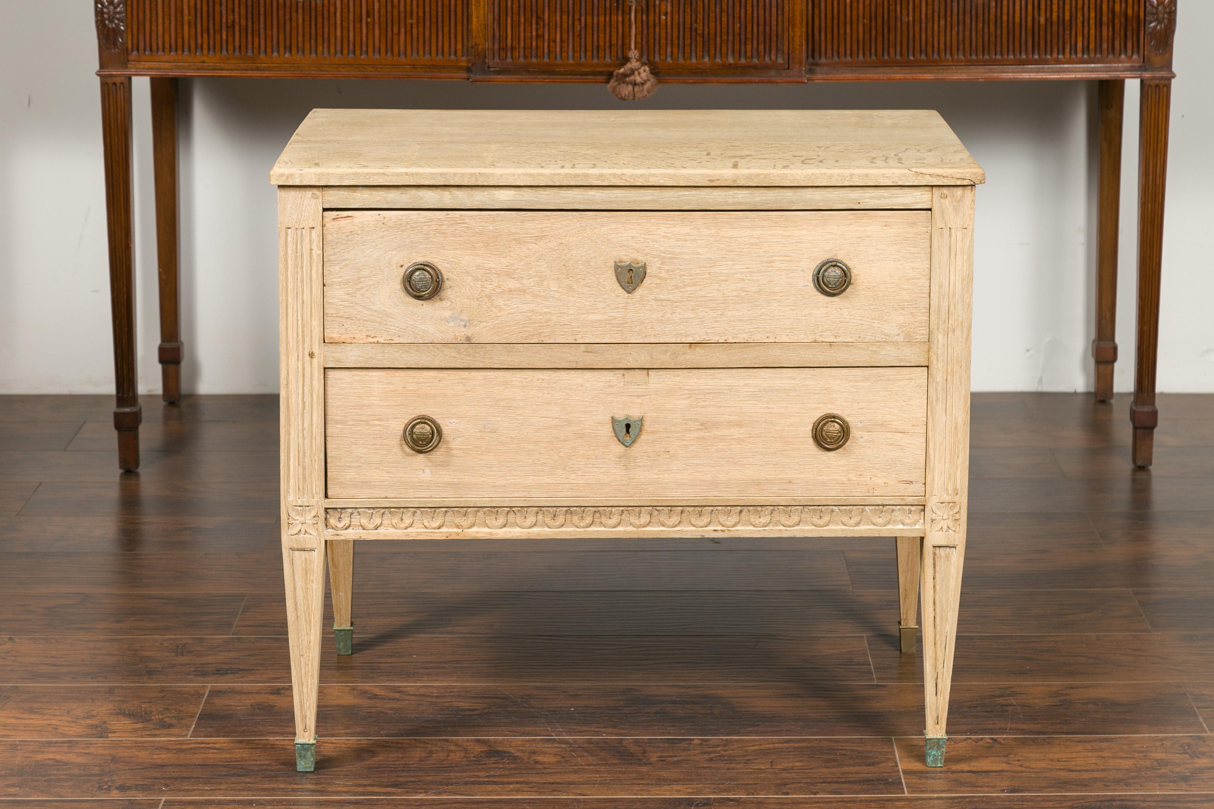 French 1900s Neoclassical Style Bleached Wood Two-Drawer Commode with Campanula In Good Condition In Atlanta, GA