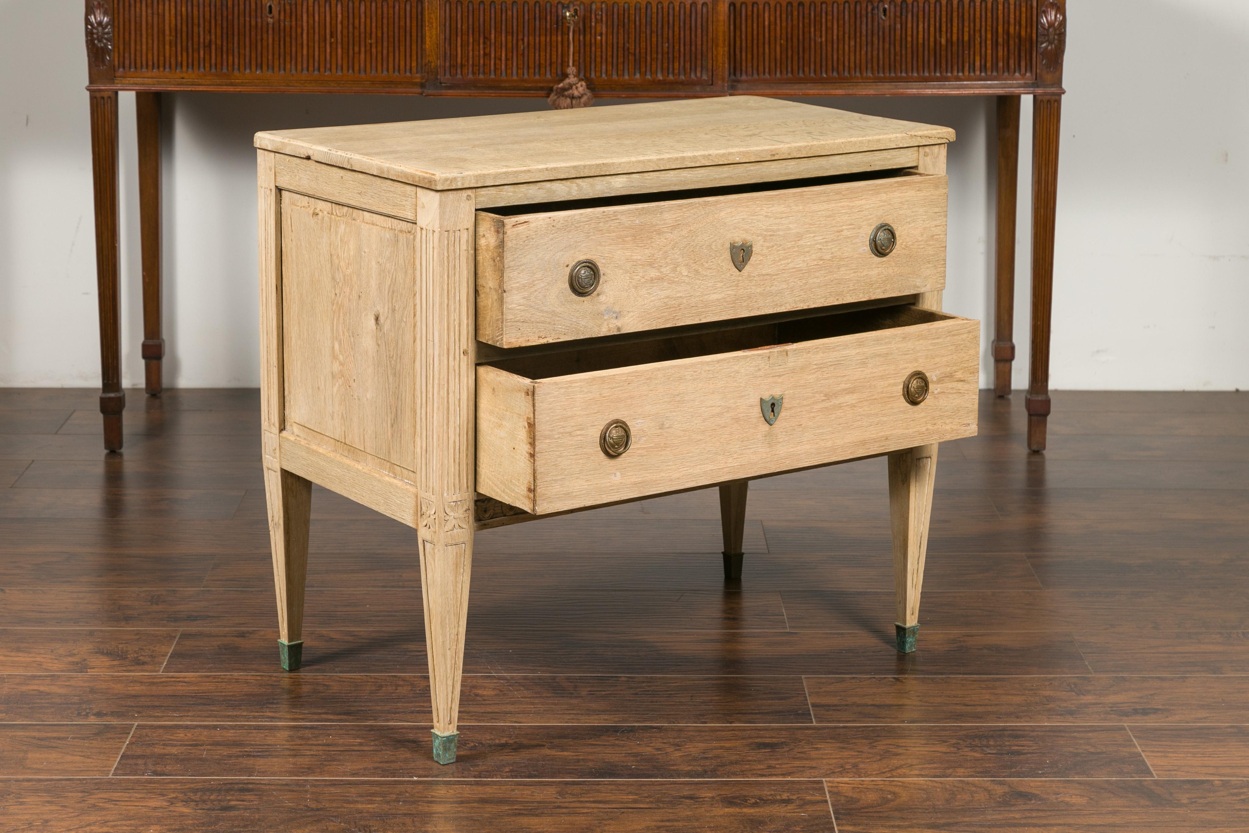 20th Century French 1900s Neoclassical Style Bleached Wood Two-Drawer Commode with Campanula