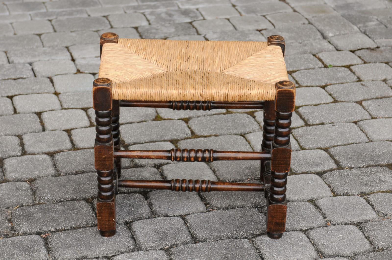French 1900s Oak Stool with Turned Bobbin Legs, Rush Seat and H-Form Stretcher 3