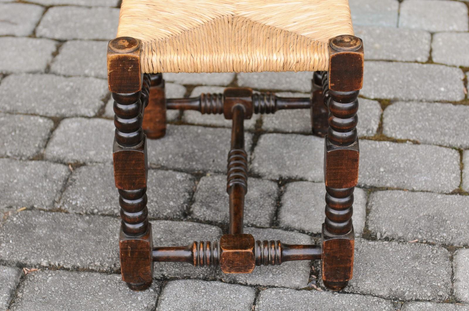 French 1900s Oak Stool with Turned Bobbin Legs, Rush Seat and H-Form Stretcher 1