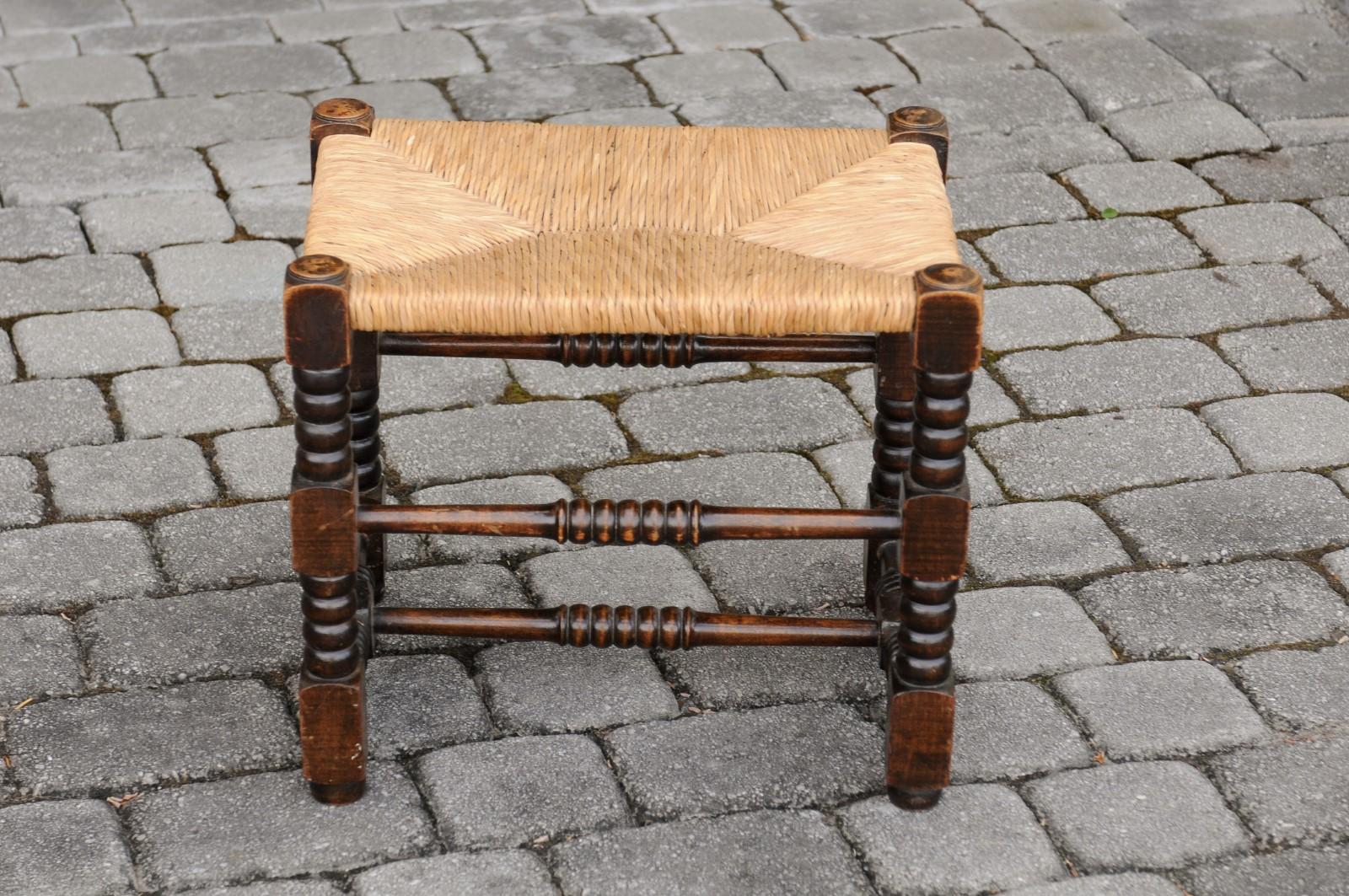 French 1900s Oak Stool with Turned Bobbin Legs, Rush Seat and H-Form Stretcher 2