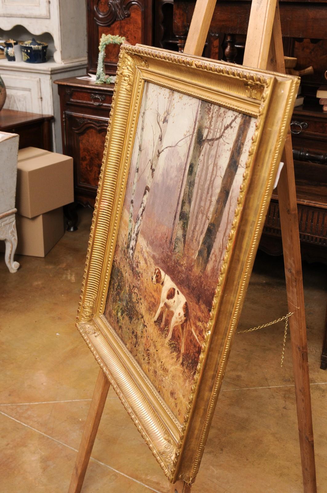 French 1900s Oil Painting Depicting a Pointer Standing at the Edge of the Woods For Sale 4