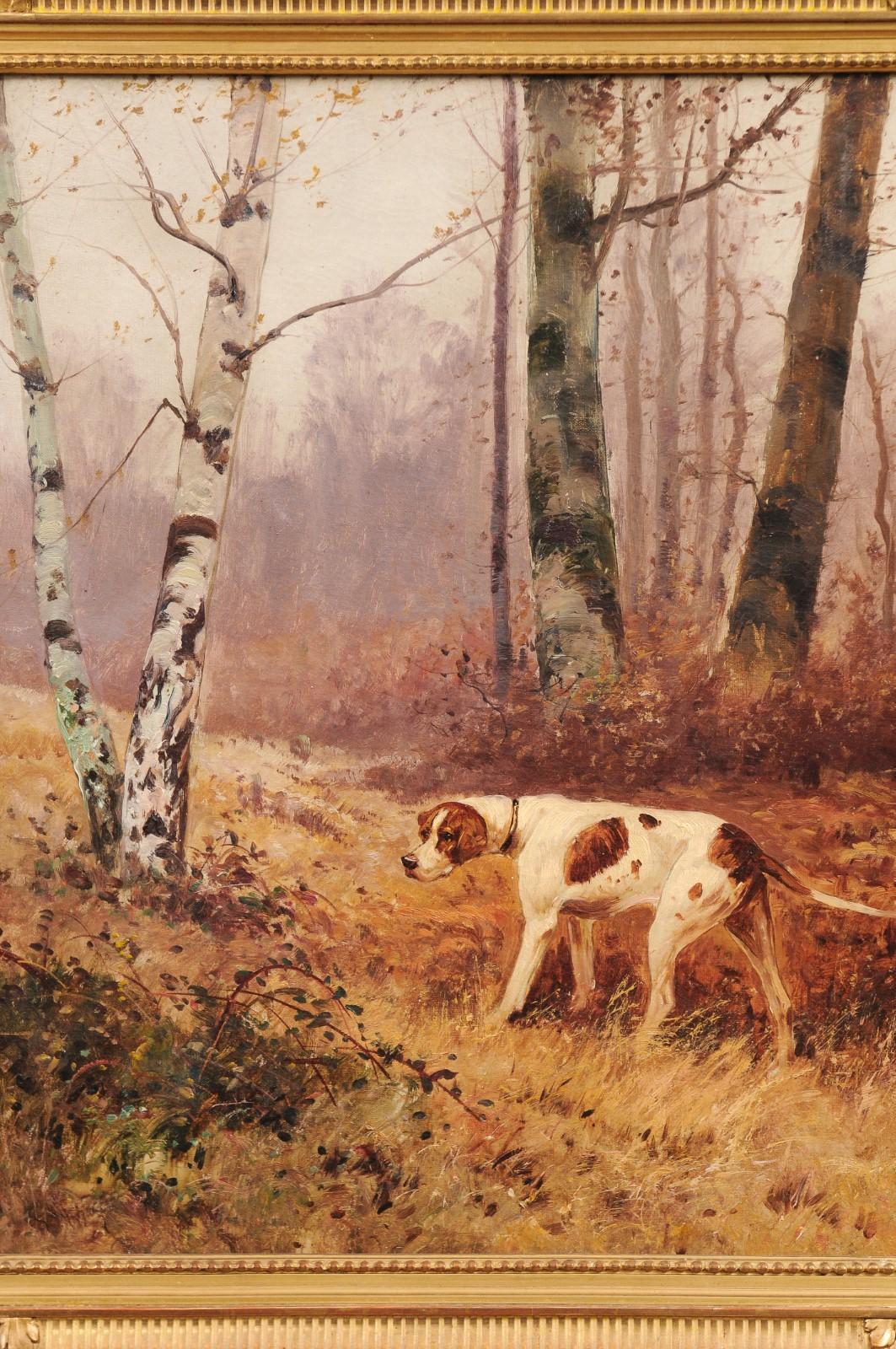 Hand-Painted French 1900s Oil Painting Depicting a Pointer Standing at the Edge of the Woods For Sale