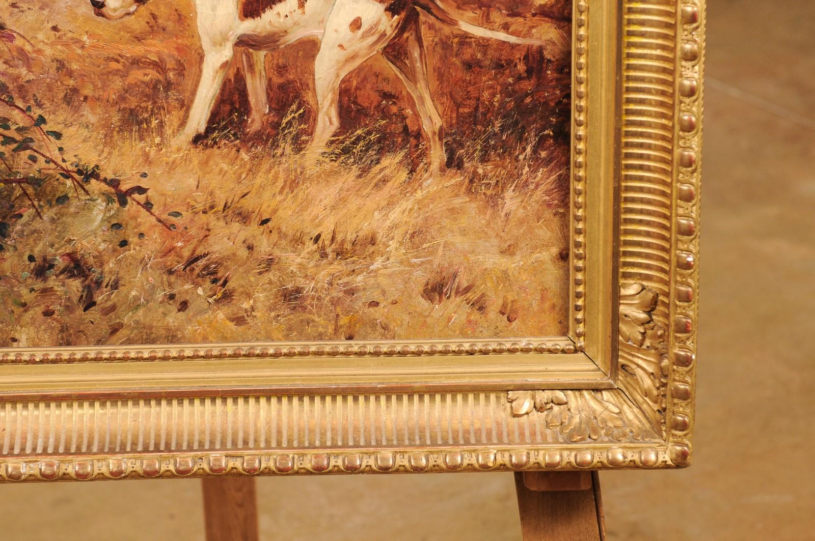Canvas French 1900s Oil Painting Depicting a Pointer Standing at the Edge of the Woods For Sale