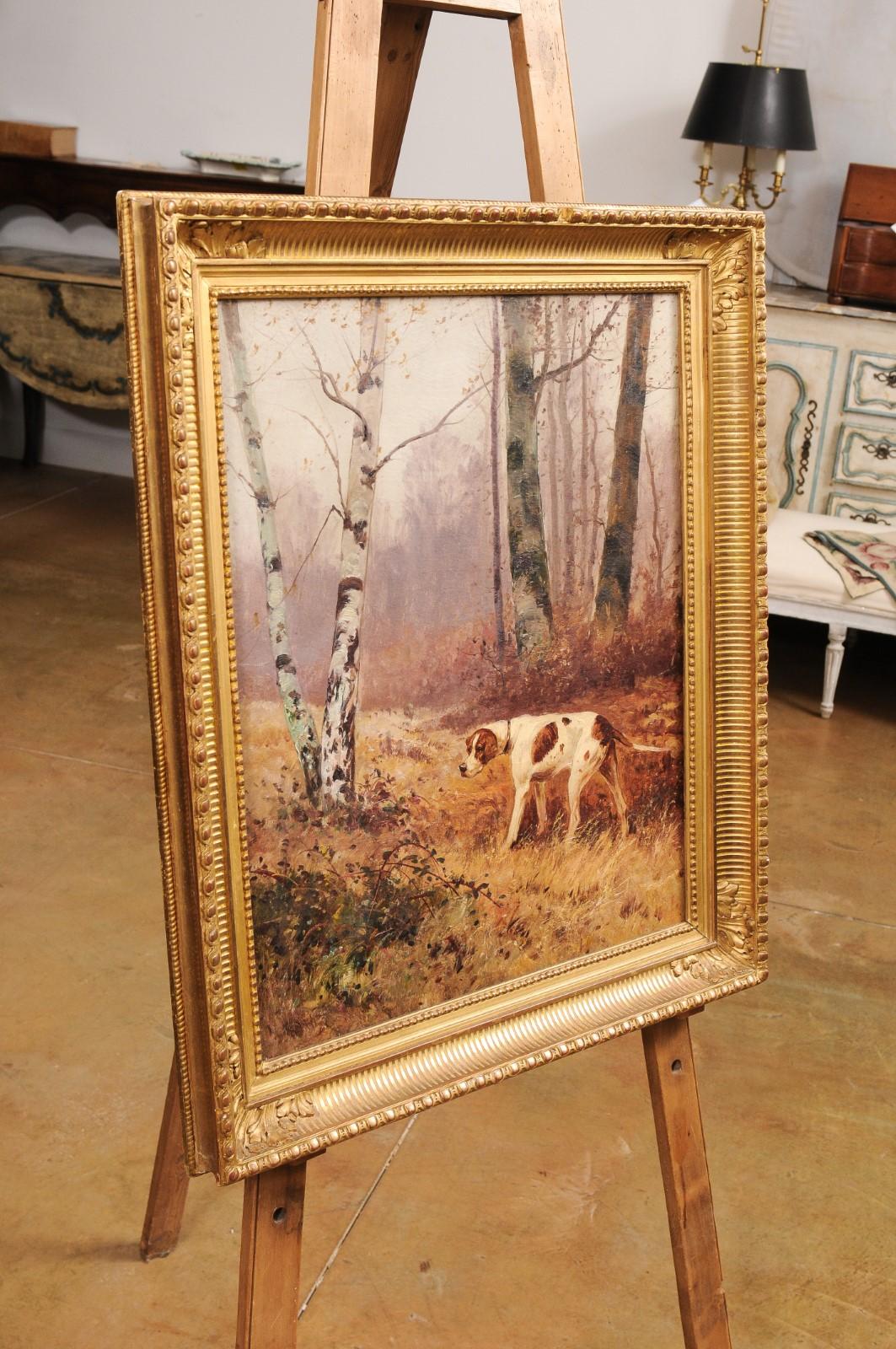 French 1900s Oil Painting Depicting a Pointer Standing at the Edge of the Woods For Sale 3