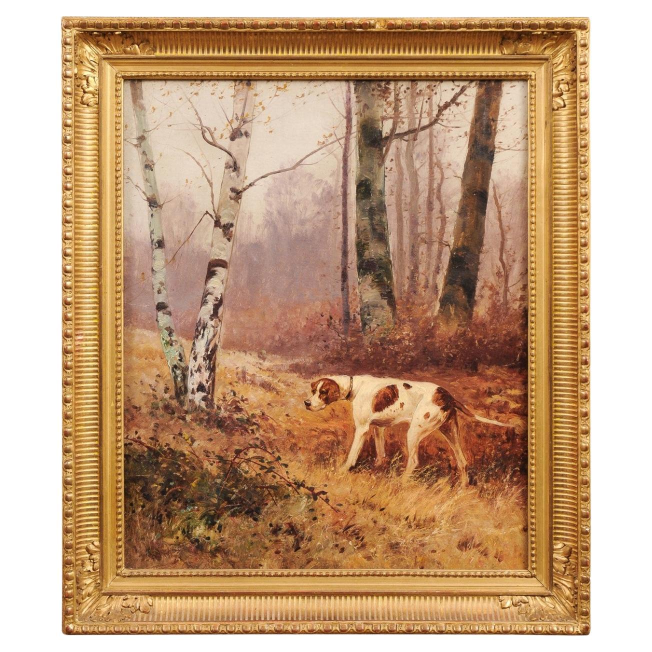 French 1900s Oil Painting Depicting a Pointer Standing at the Edge of the Woods For Sale