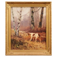 Antique French 1900s Oil Painting Depicting a Pointer Standing at the Edge of the Woods