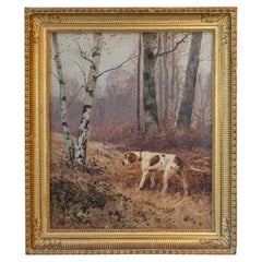 French 1900s Oil Painting Depicting a Pointer Standing at the Edge of the Woods