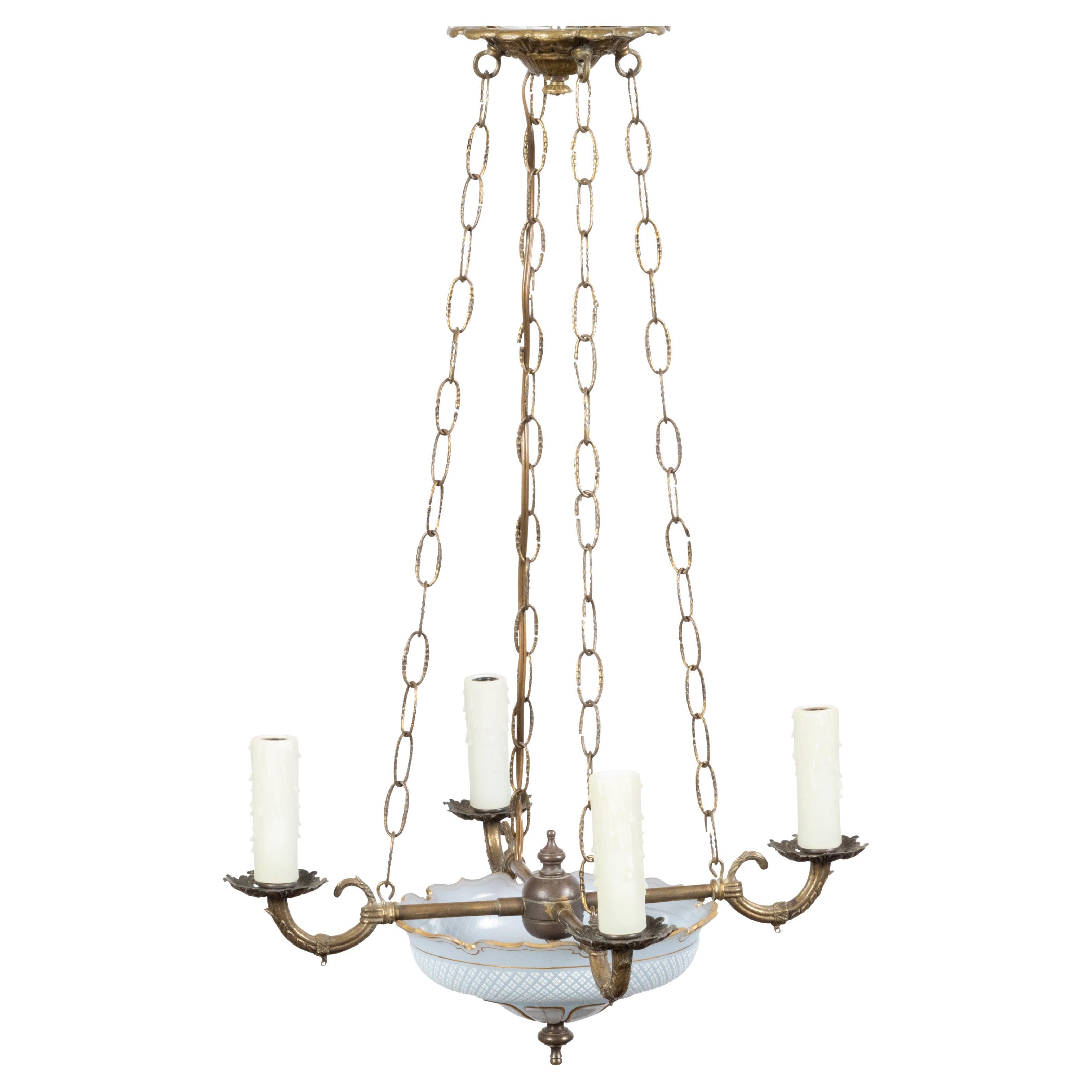 French 1900s Opaline Four-Light Chandelier with Leaf Motifs and Profiled Links For Sale