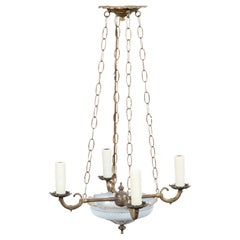French 1900s Opaline Four-Light Chandelier with Leaf Motifs and Profiled Links