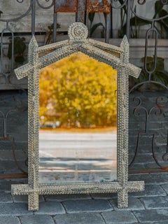 French 1900s Painted Tramp Art Mirror with Triangular Crest and Carved Medallion