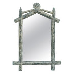 French 1900s Painted Tramp Art Mirror with Triangular Crest and Carved Medallion