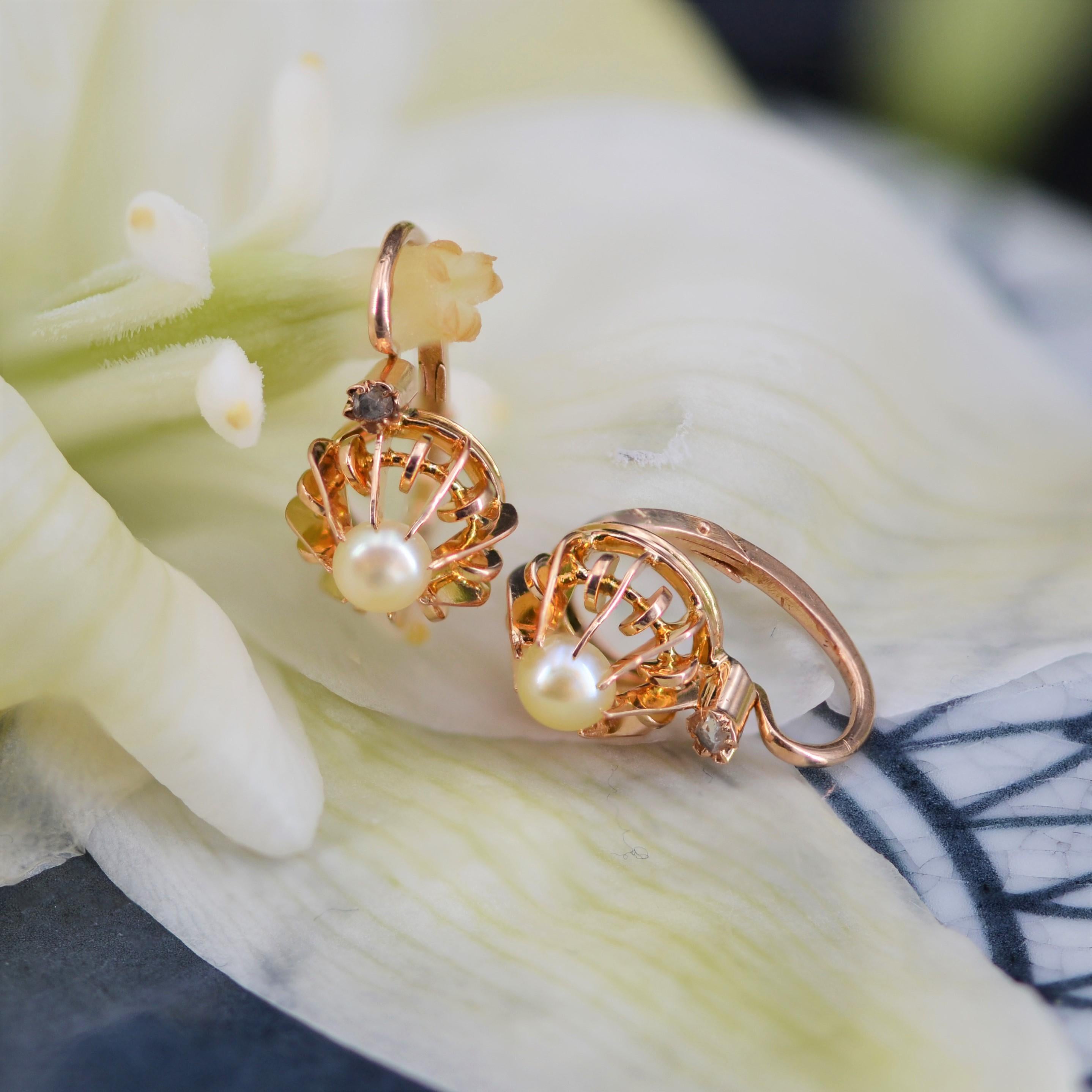 Boucles d'oreilles en or rose 18 carats, perles et diamants, de style français, 1900. Bon état - En vente à Poitiers, FR