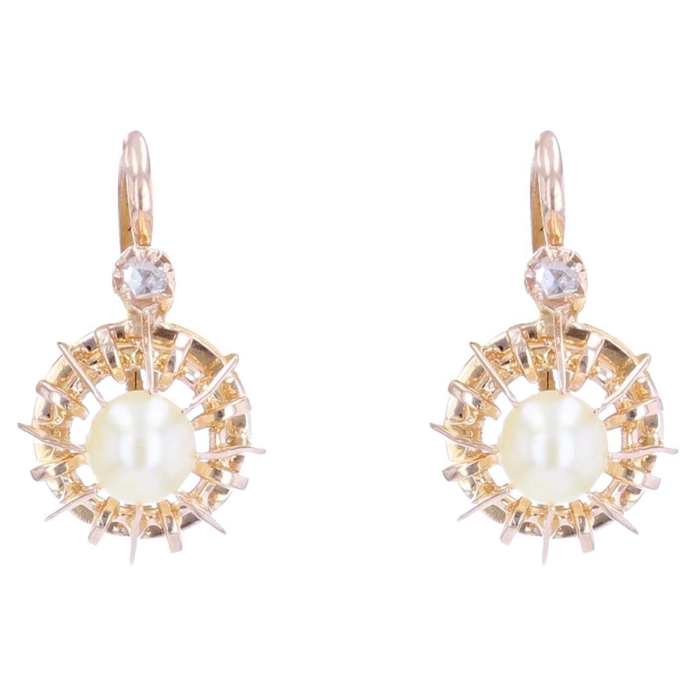 French, 1900s, Pearl Diamonds 18 Karat Rose Gold Lever, Back Earrings
