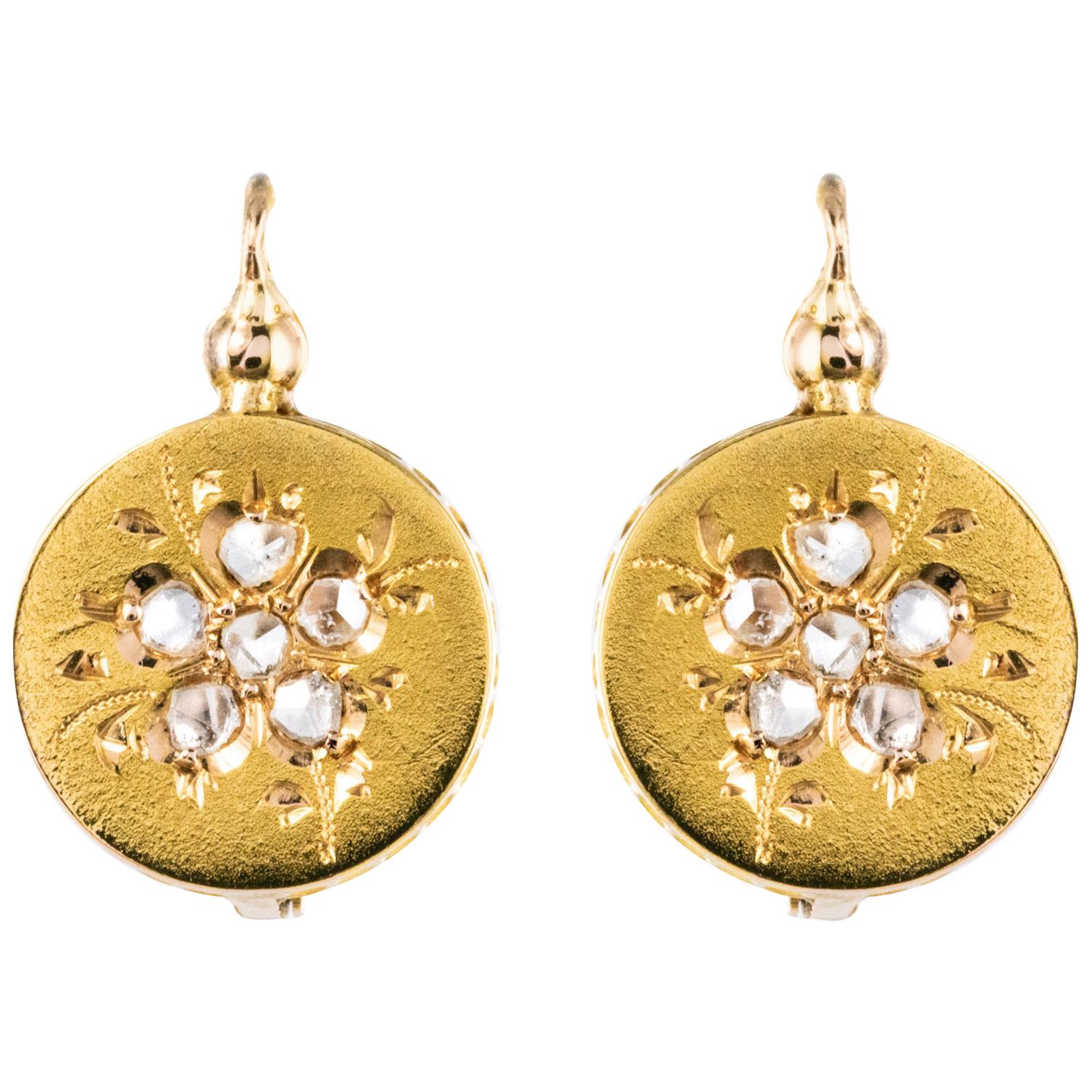 French 1900s Rose-Cut Diamonds 18 Karat Yellow Gold Drop Earrings