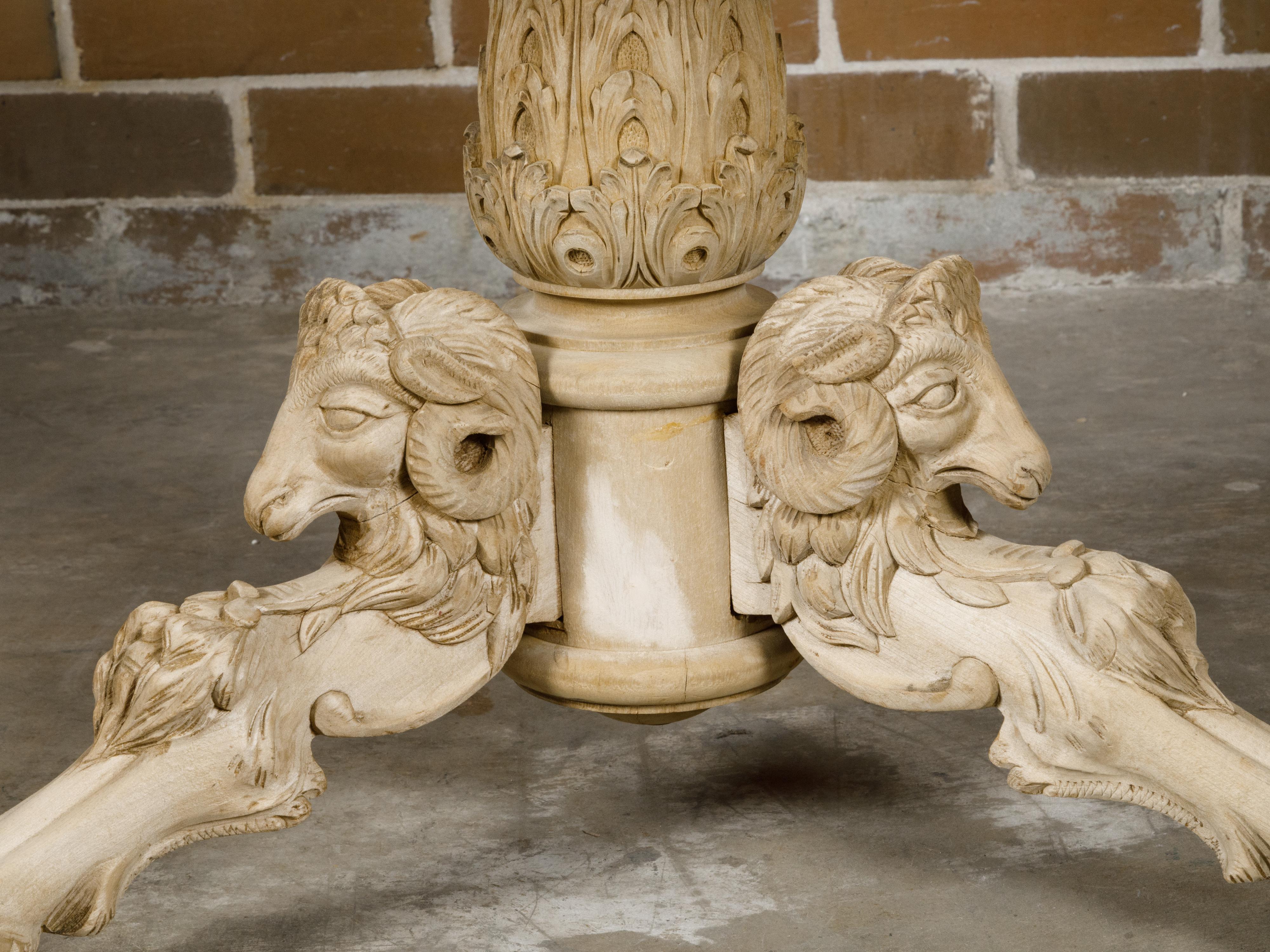 French 1900s Round Top Pedestal Table with Carved Rams' Heads and Scrollwork For Sale 6