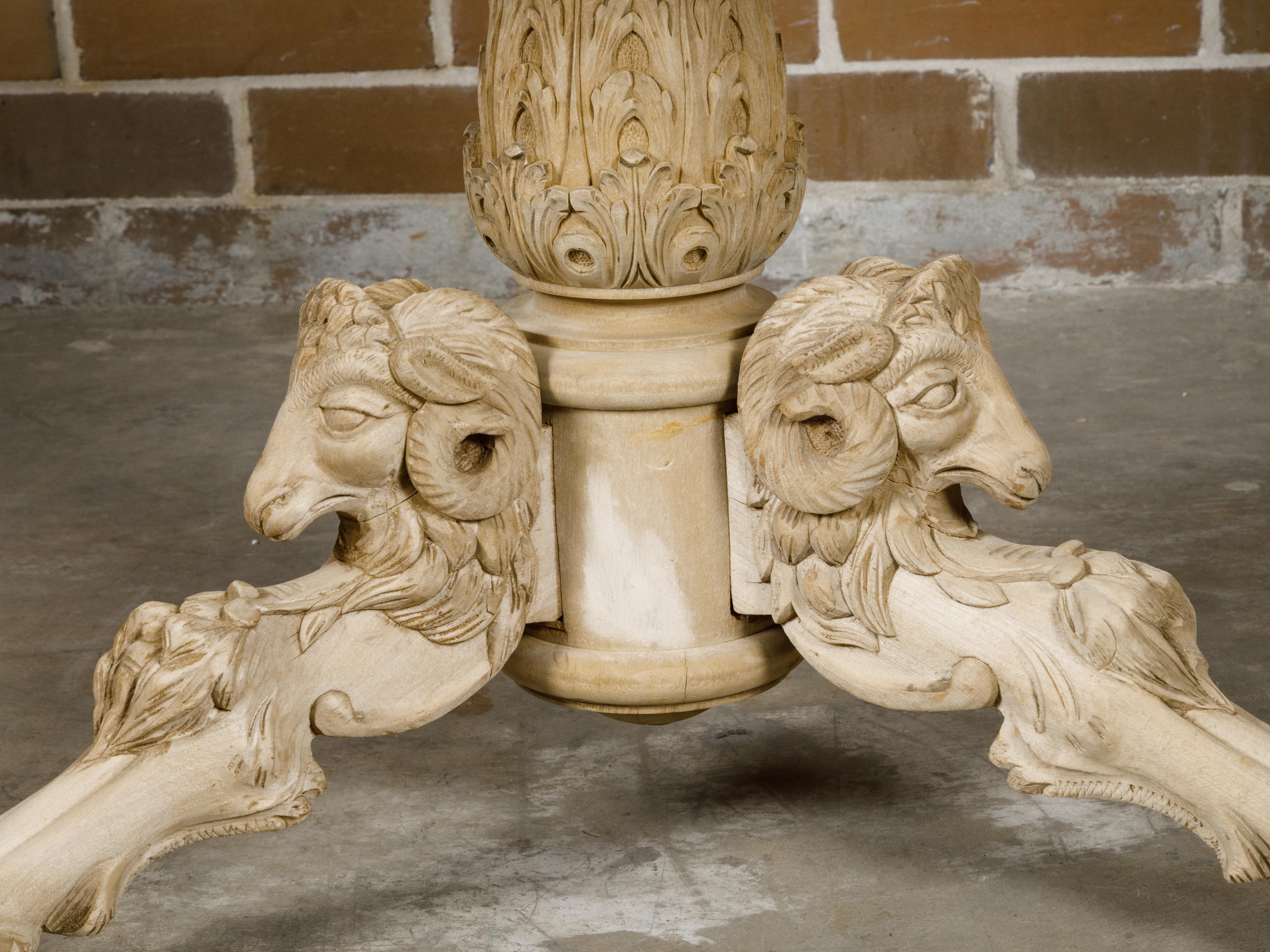 French 1900s Round Top Pedestal Table with Carved Rams' Heads and Scrollwork 6