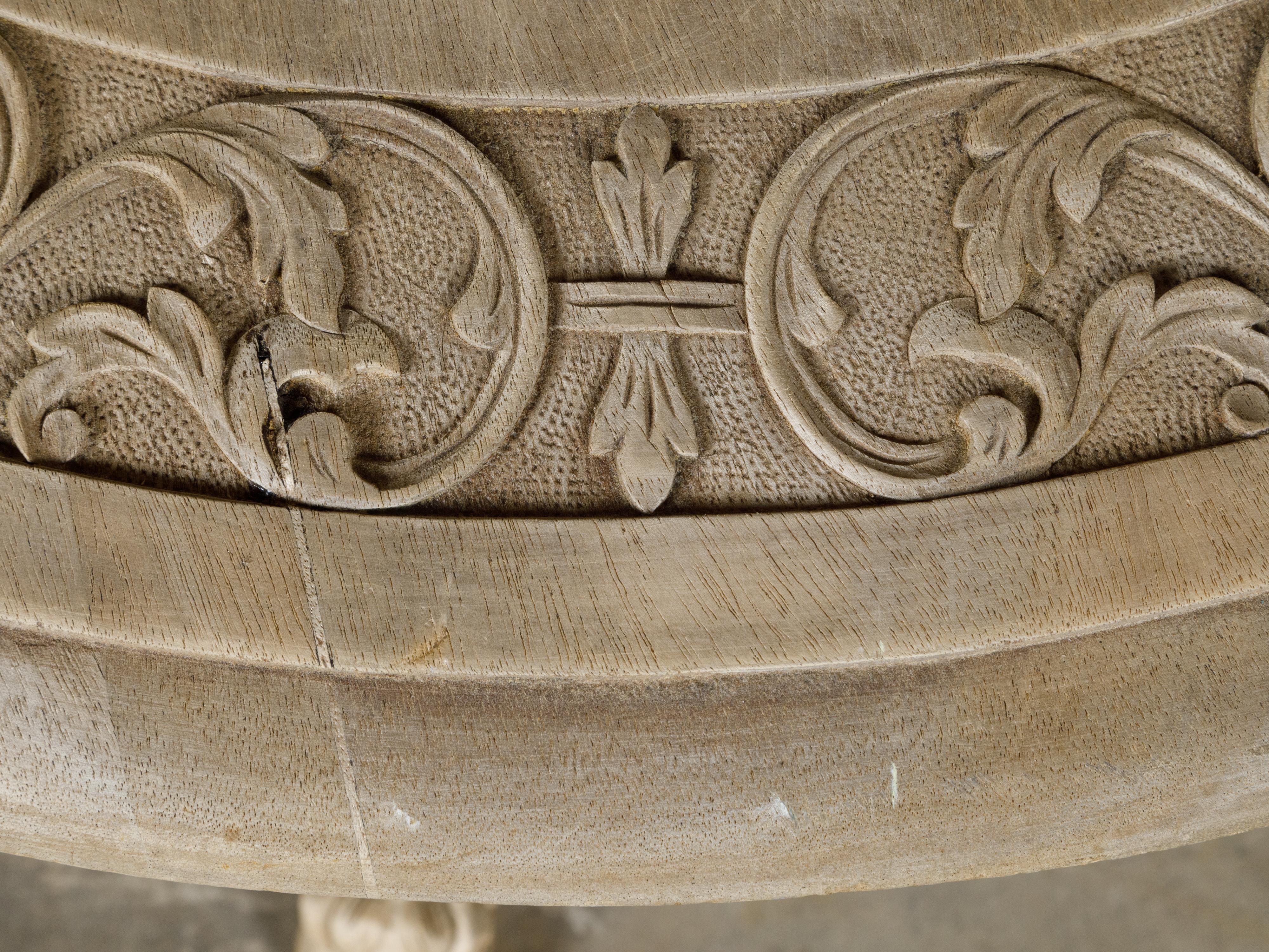 Bleached French 1900s Round Top Pedestal Table with Carved Rams' Heads and Scrollwork For Sale