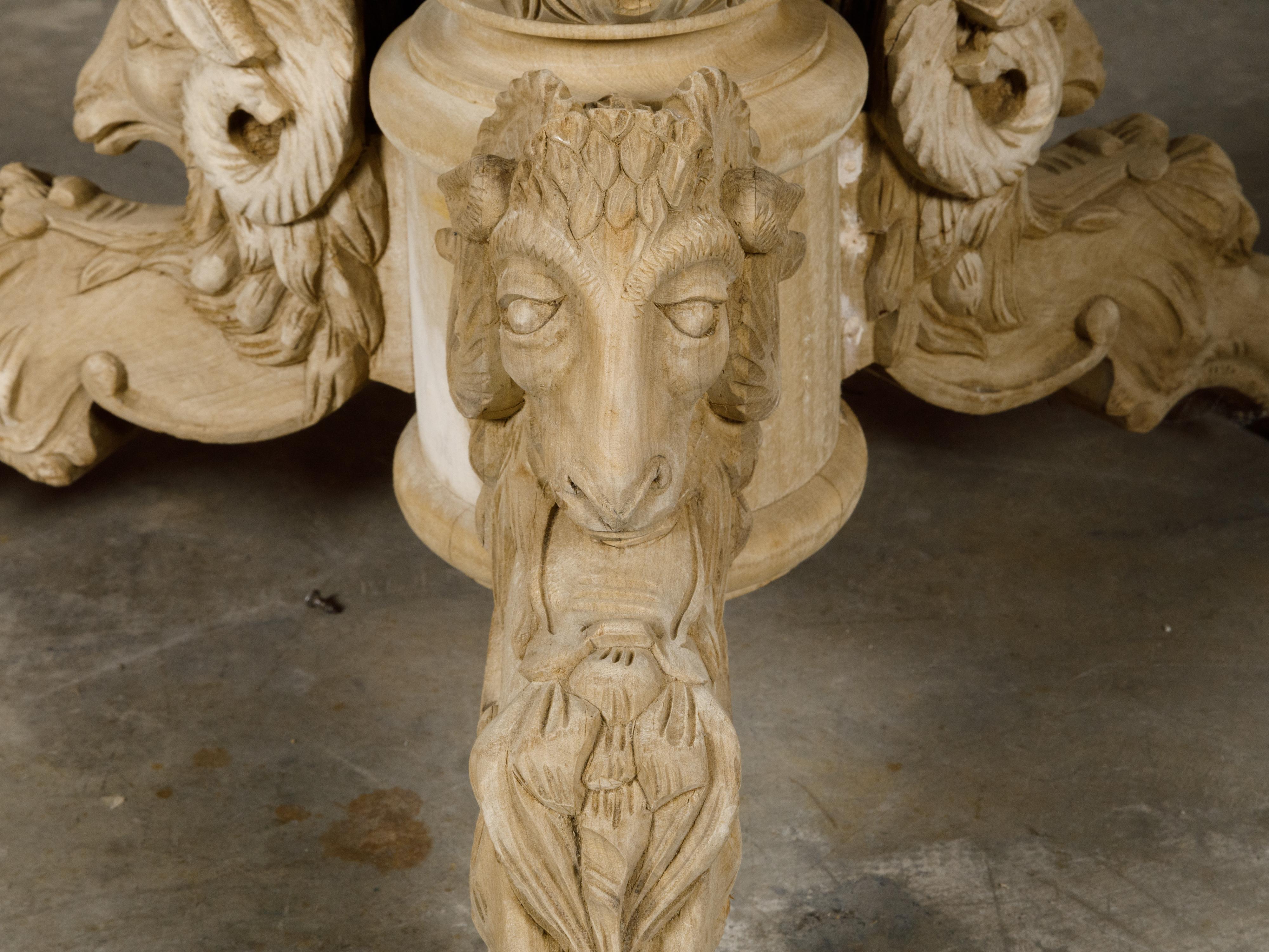 Wood French 1900s Round Top Pedestal Table with Carved Rams' Heads and Scrollwork