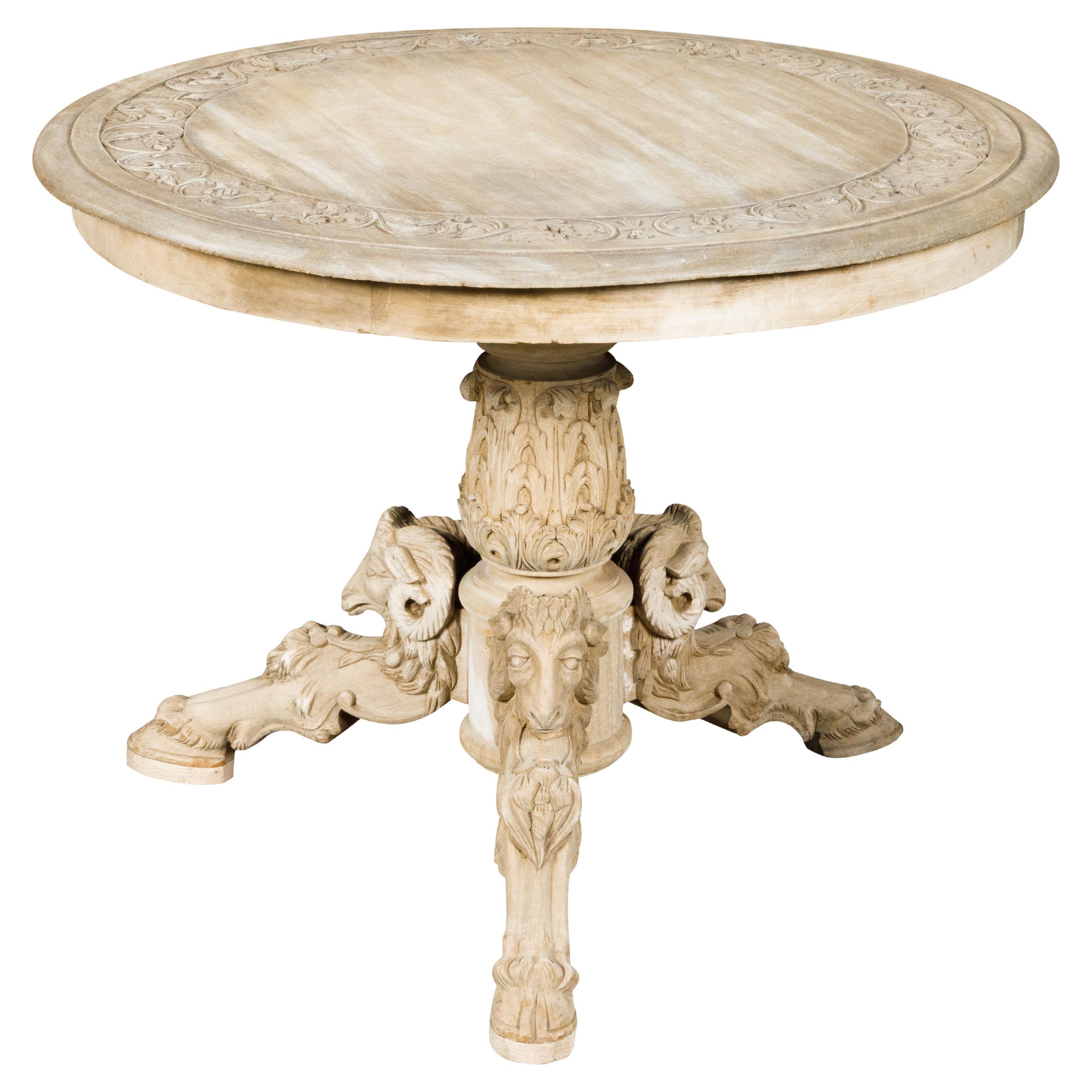French 1900s Round Top Pedestal Table with Carved Rams' Heads and Scrollwork For Sale