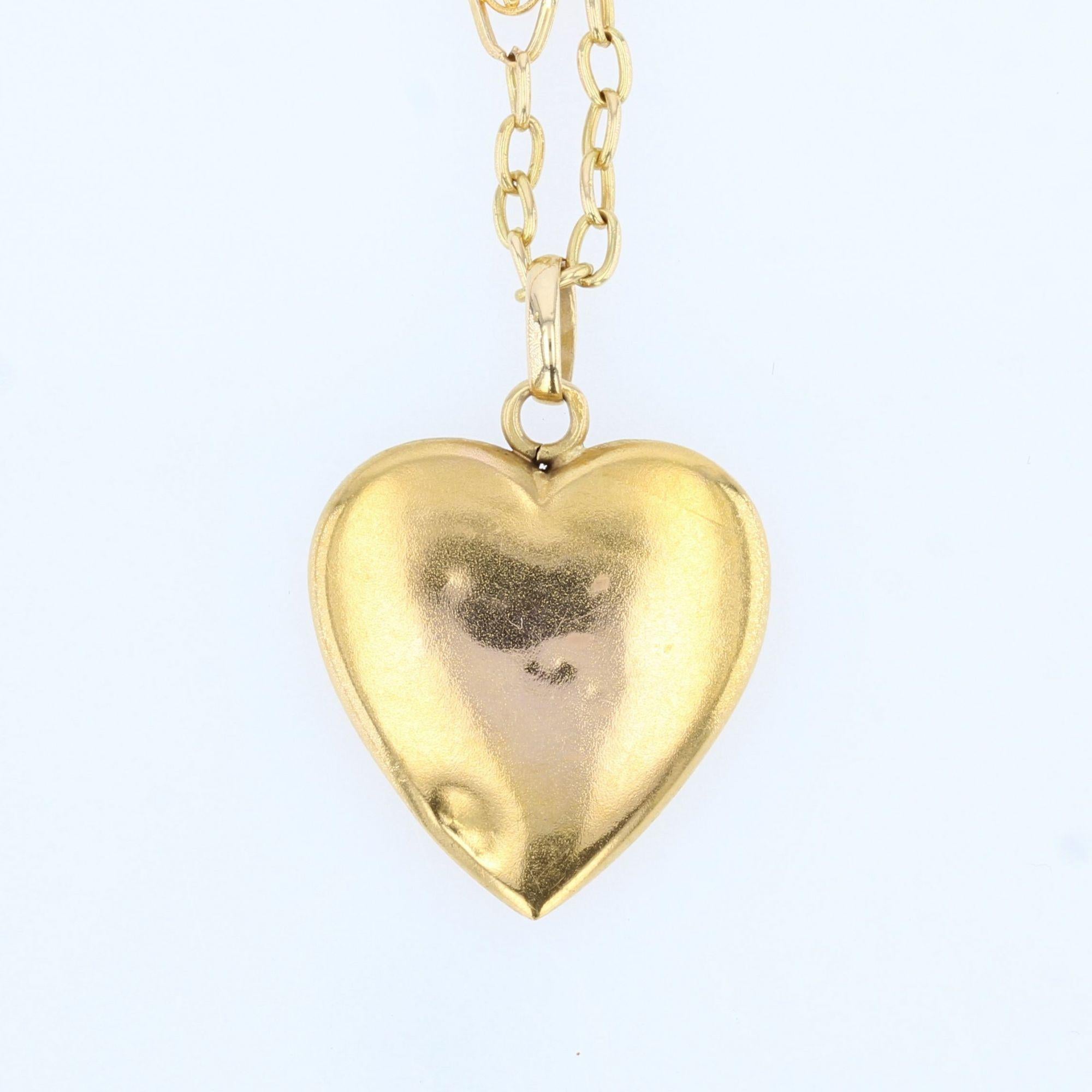 French 1900s Ruby 18 Karat Yellow Gold Heart Shape Pendant and Chain 1