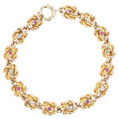 Antique French 1900s Ruby Diamonds 18 Karat Yellow Gold Bracelet