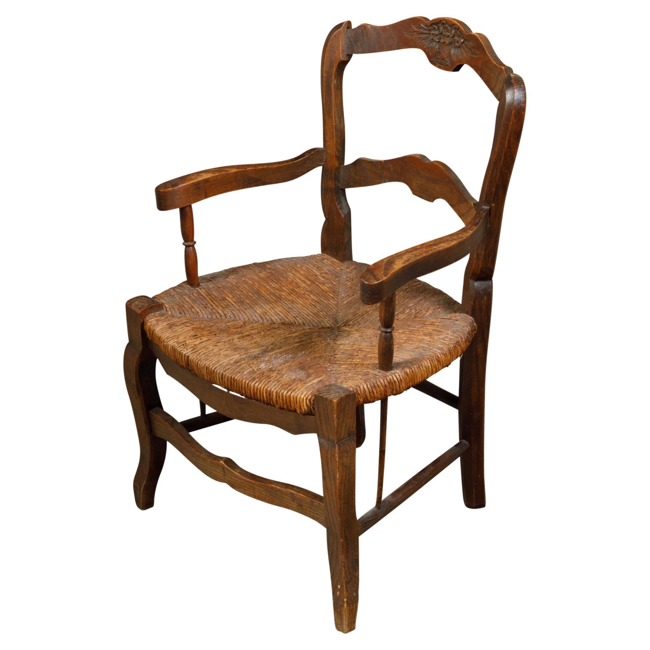 Charlotte Perriand Style Turned Wood Kid's Chair Woven Rush Seat France