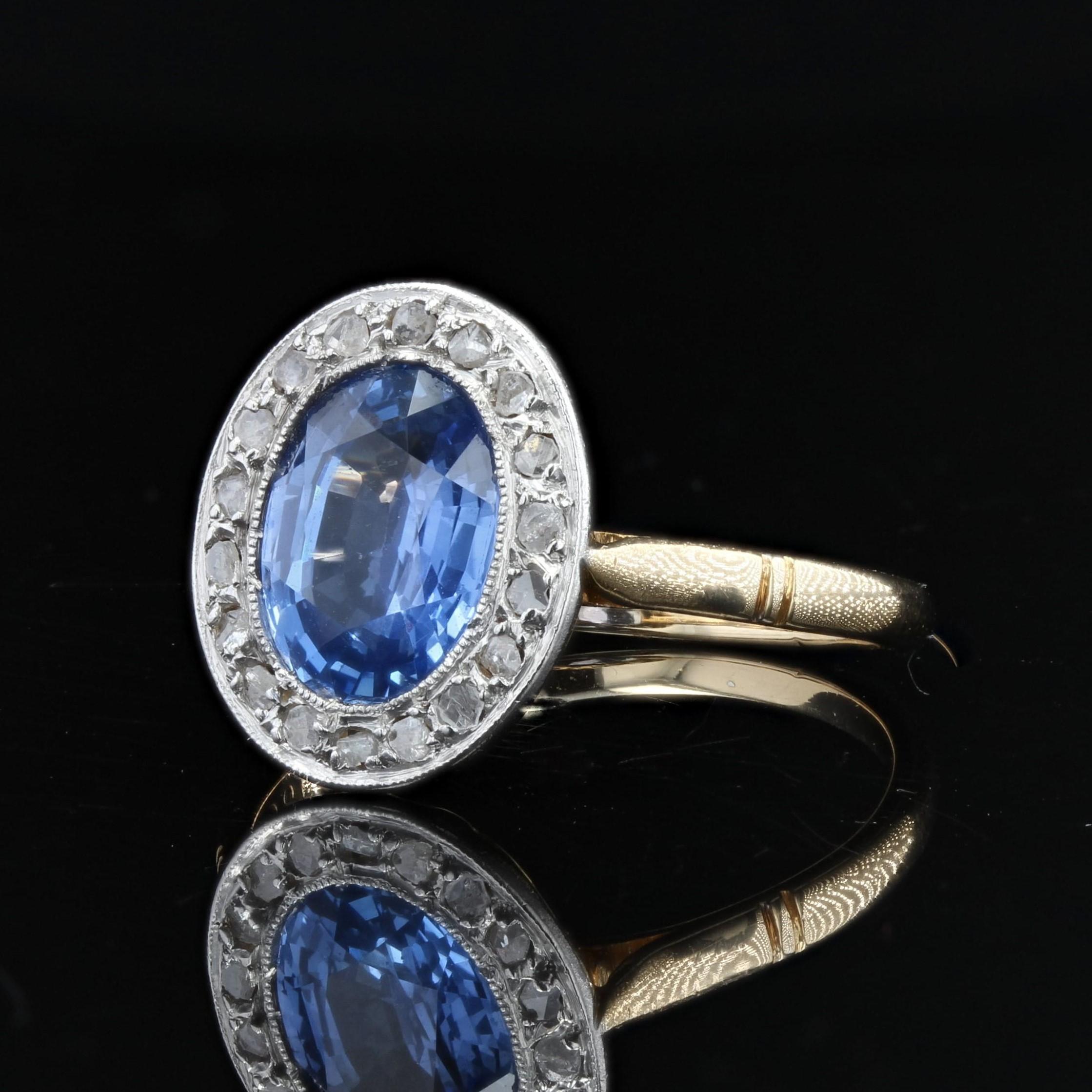 Bague de fianailles en or jaune 18 carats, saphir et diamant, des annes 1900. Pour femmes en vente