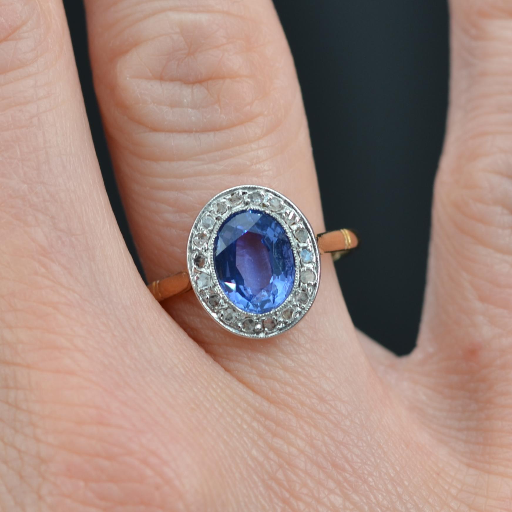 Oval Cut French, 1900s, Sapphire Diamond 18 Karat Yellow Gold Engagement Cluster Ring For Sale