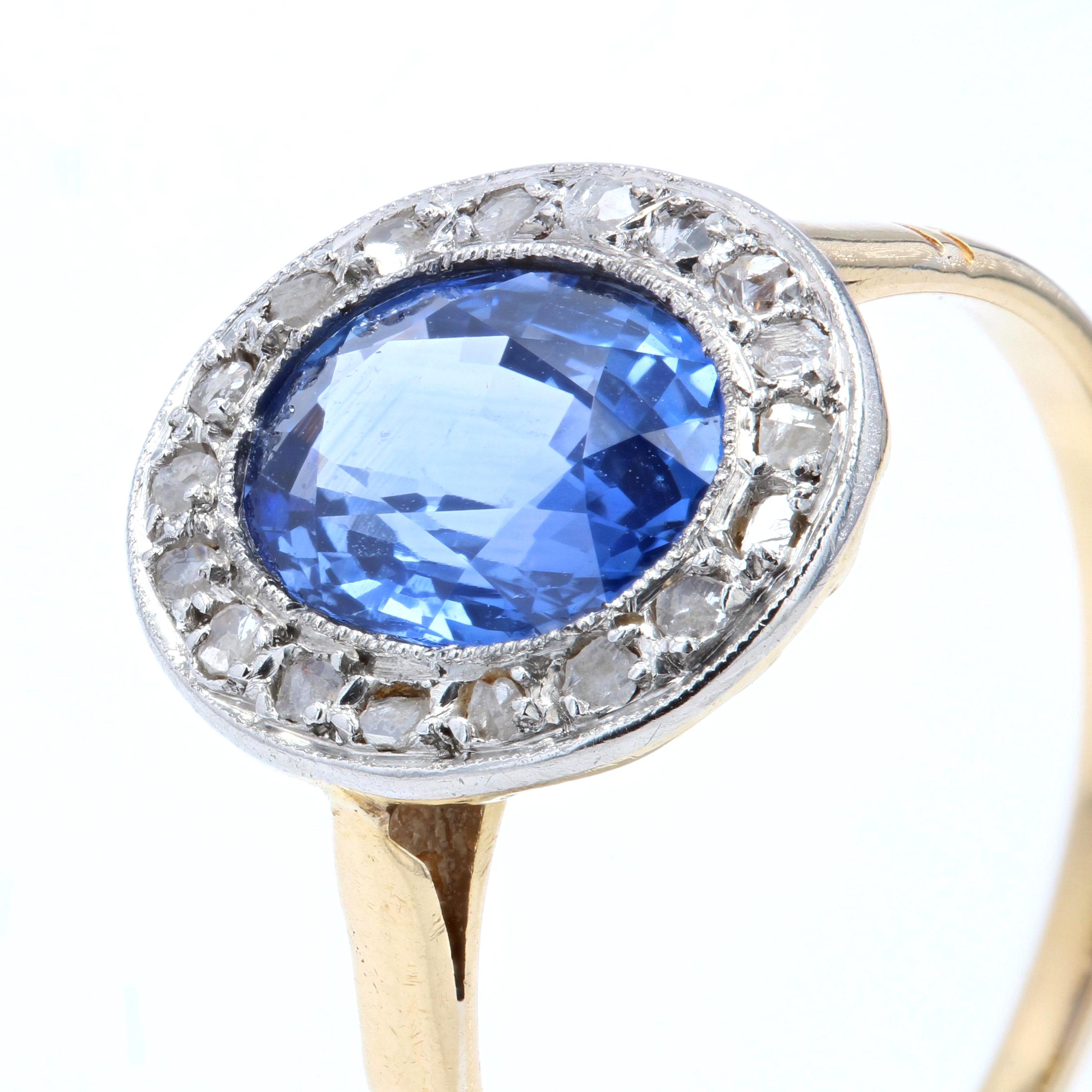 Women's French, 1900s, Sapphire Diamond 18 Karat Yellow Gold Engagement Cluster Ring For Sale
