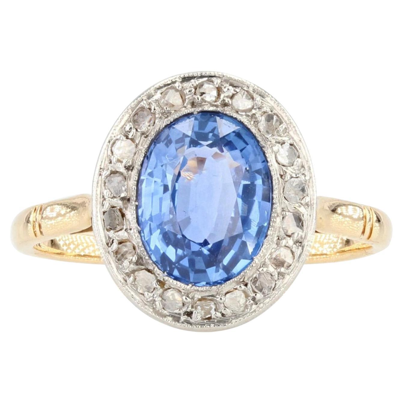 French, 1900s, Sapphire Diamond 18 Karat Yellow Gold Engagement Cluster Ring