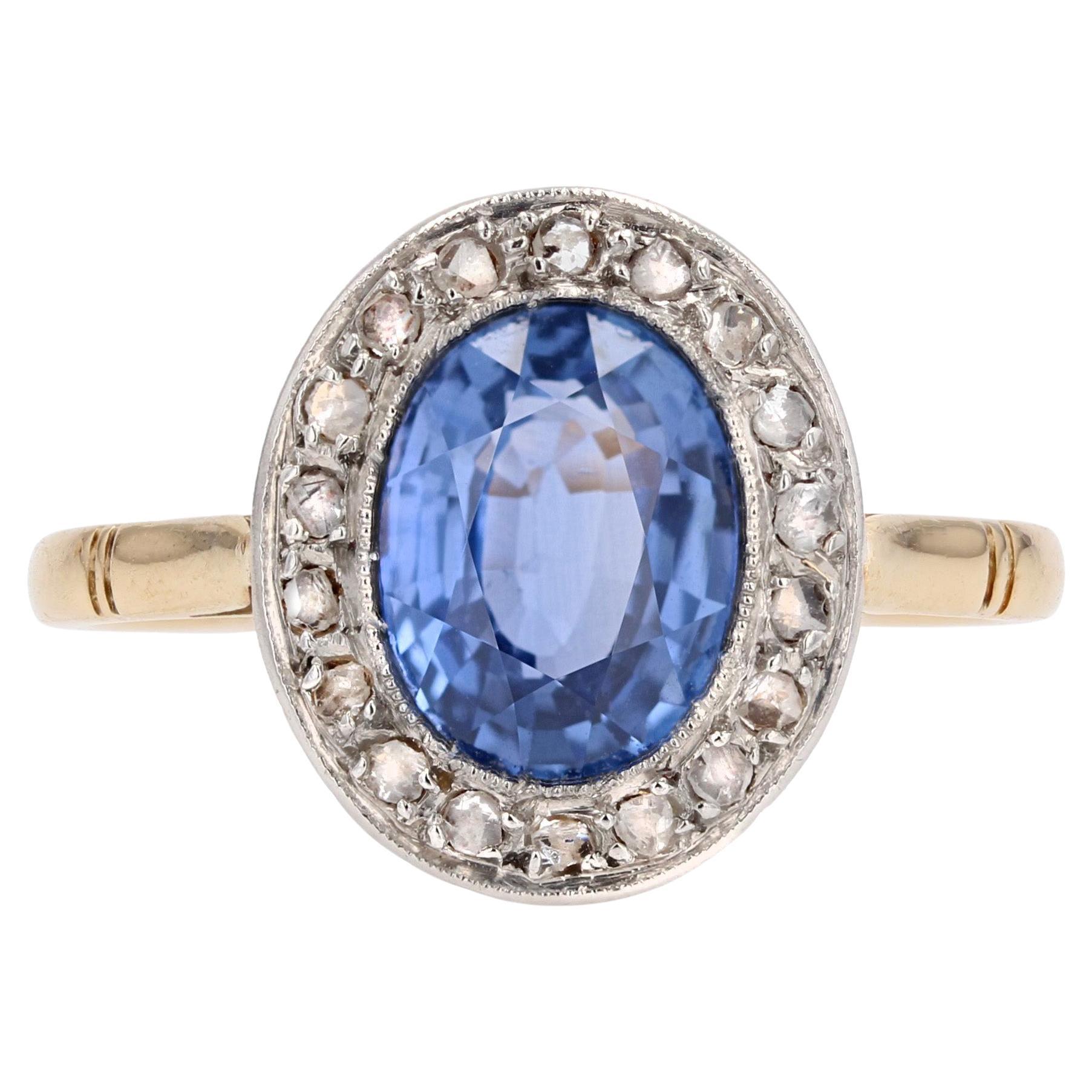 French, 1900s, Sapphire Diamond 18 Karat Yellow Gold Engagement Cluster Ring