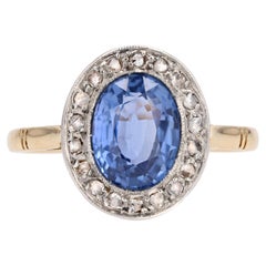 French, 1900s, Sapphire Diamond 18 Karat Yellow Gold Engagement Cluster Ring